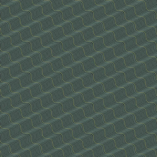 A repeating abstract pattern of pale olive and black wavy diagonal lines on a dark forest-green background.