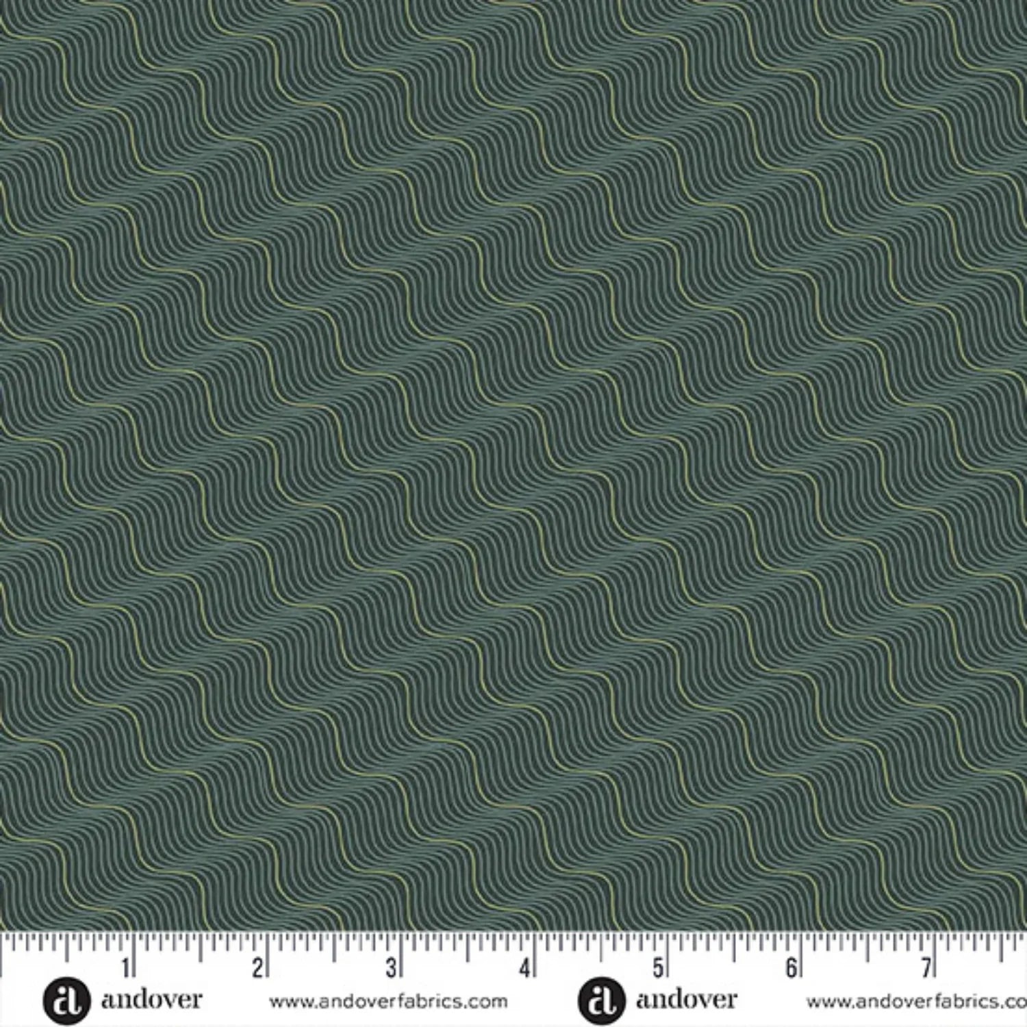 A repeating abstract pattern of pale olive and black wavy diagonal lines on a dark forest-green background. Ruler at the bottom for scale.