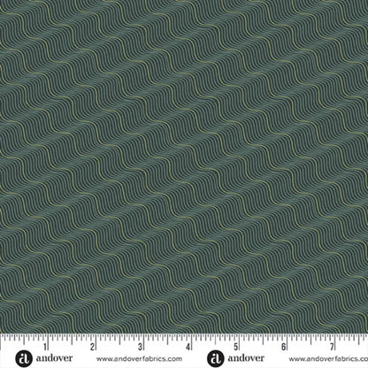 A repeating abstract pattern of pale olive and black wavy diagonal lines on a dark forest-green background. Ruler at the bottom for scale.