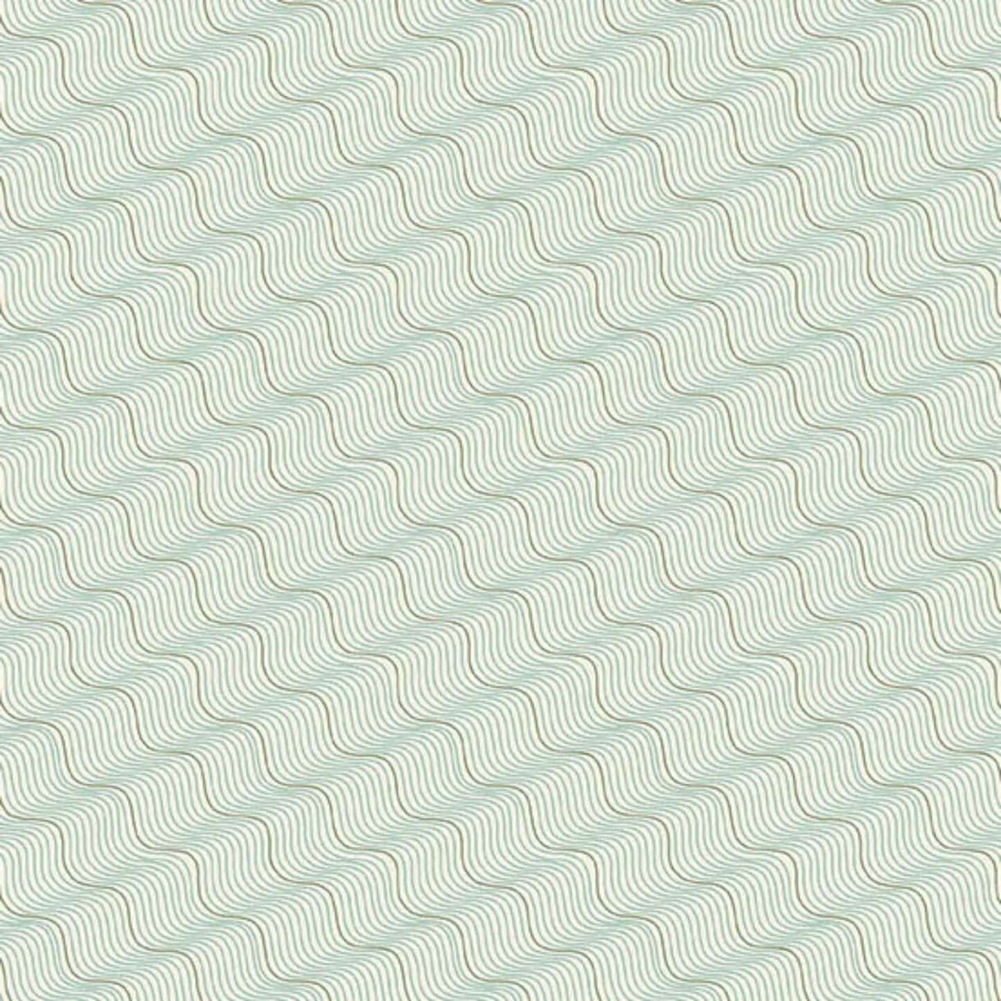 A repeating pattern of wavy diagonal lines in muted sage green and tan on a very light off-white background.