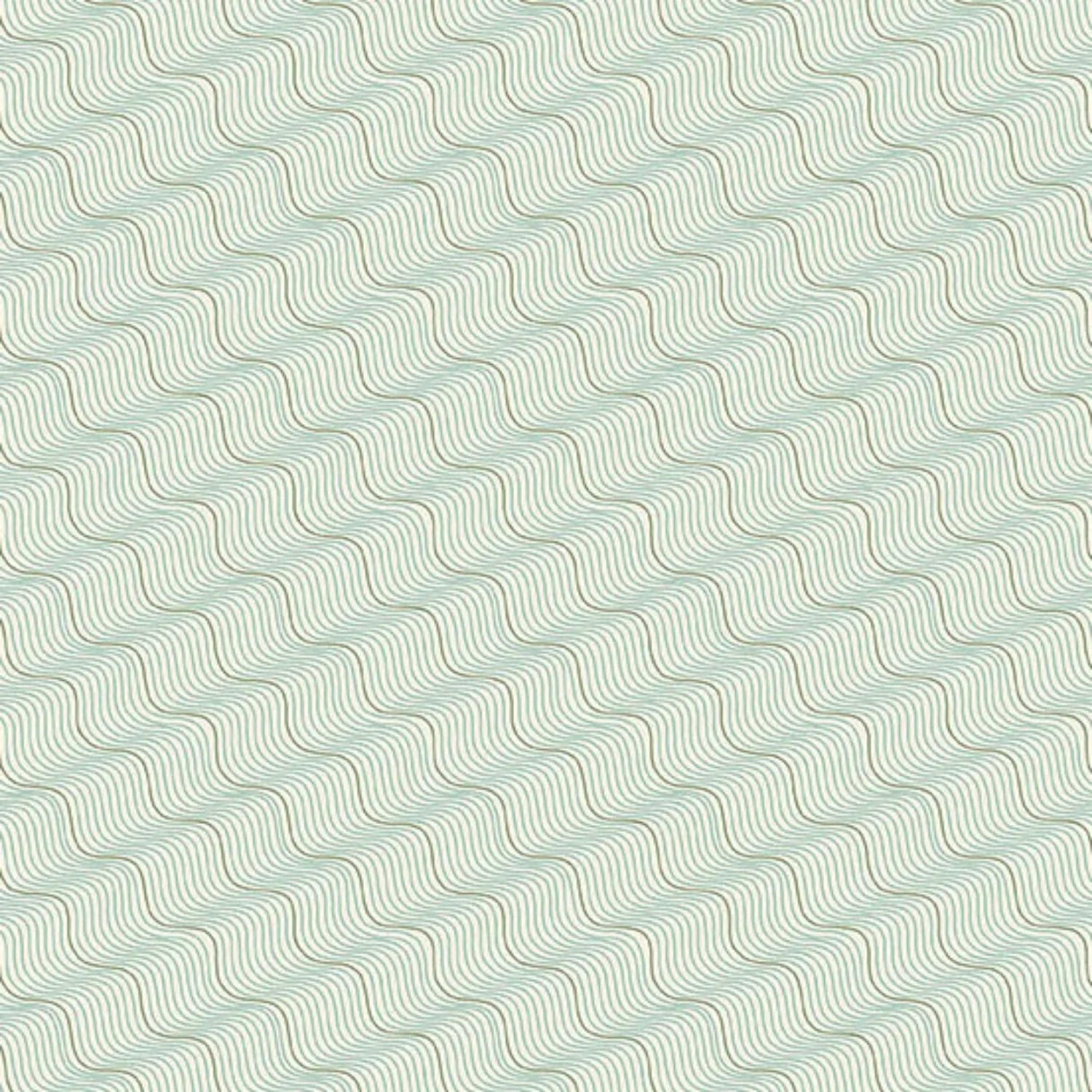 A repeating pattern of wavy diagonal lines in muted sage green and tan on a very light off-white background.
