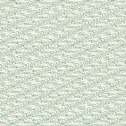 A repeating pattern of wavy diagonal lines in muted sage green and tan on a very light off-white background.