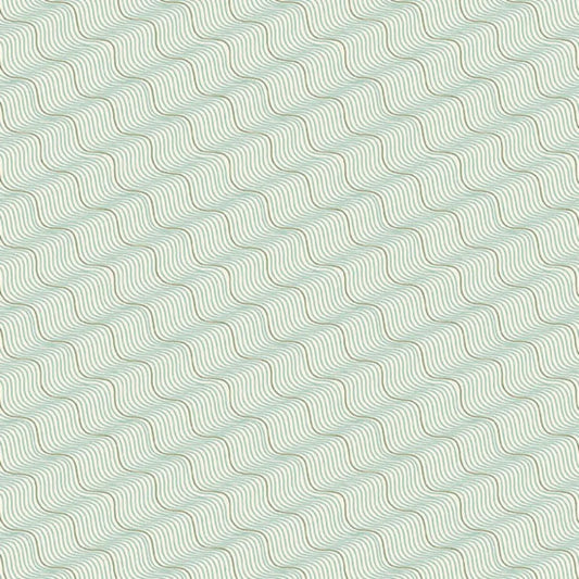 A repeating pattern of wavy diagonal lines in muted sage green and tan on a very light off-white background.