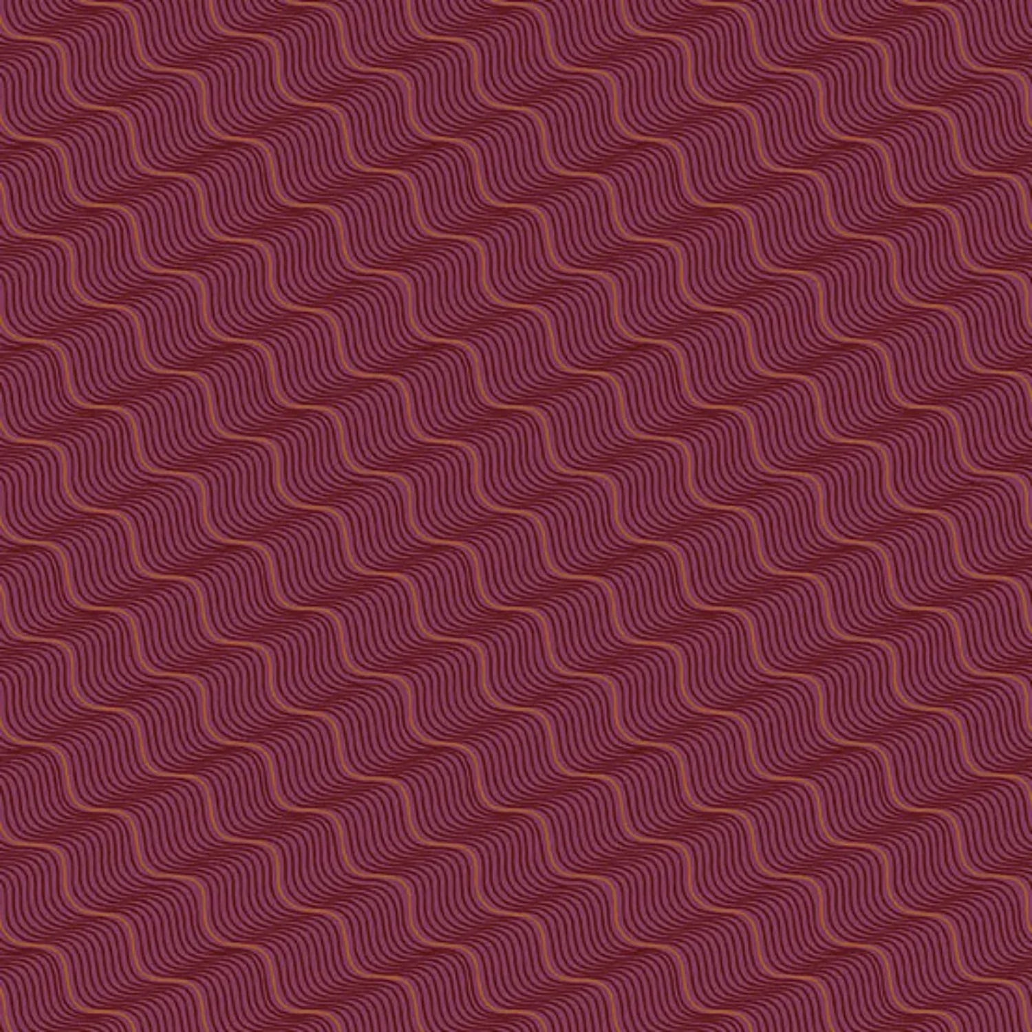 A repeating pattern of wavy diagonal lines in rose gold and black on a rich burgundy-red background.