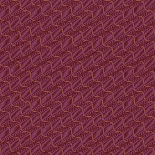 A repeating pattern of wavy diagonal lines in rose gold and black on a rich burgundy-red background.