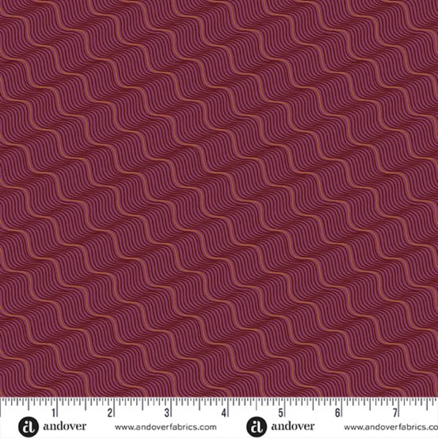 A repeating pattern of wavy diagonal lines in rose gold and black on a rich burgundy-red background. Ruler at the bottom for scale.