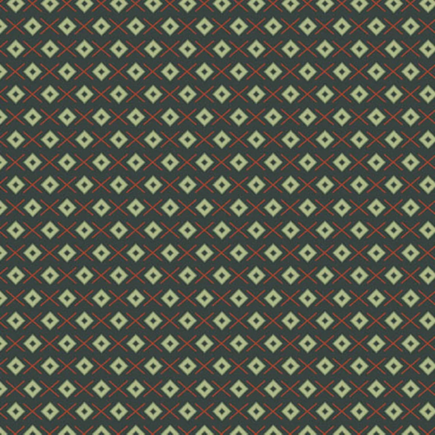 A repeating geometric pattern featuring light sage green diamonds on a dark forest-green background, accented by thin red crosses.