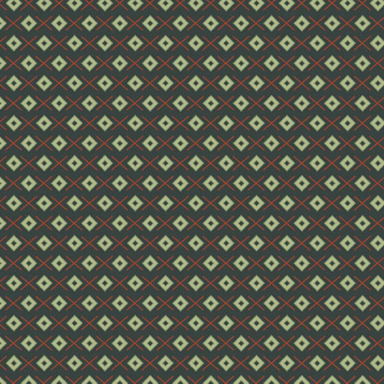 A repeating geometric pattern featuring light sage green diamonds on a dark forest-green background, accented by thin red crosses.
