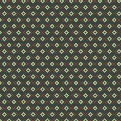 A repeating geometric pattern featuring light sage green diamonds on a dark forest-green background, accented by thin red crosses.