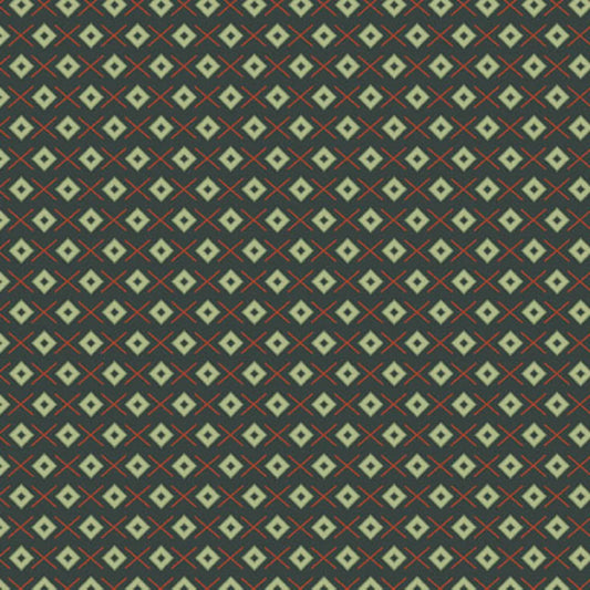 A repeating geometric pattern featuring light sage green diamonds on a dark forest-green background, accented by thin red crosses.