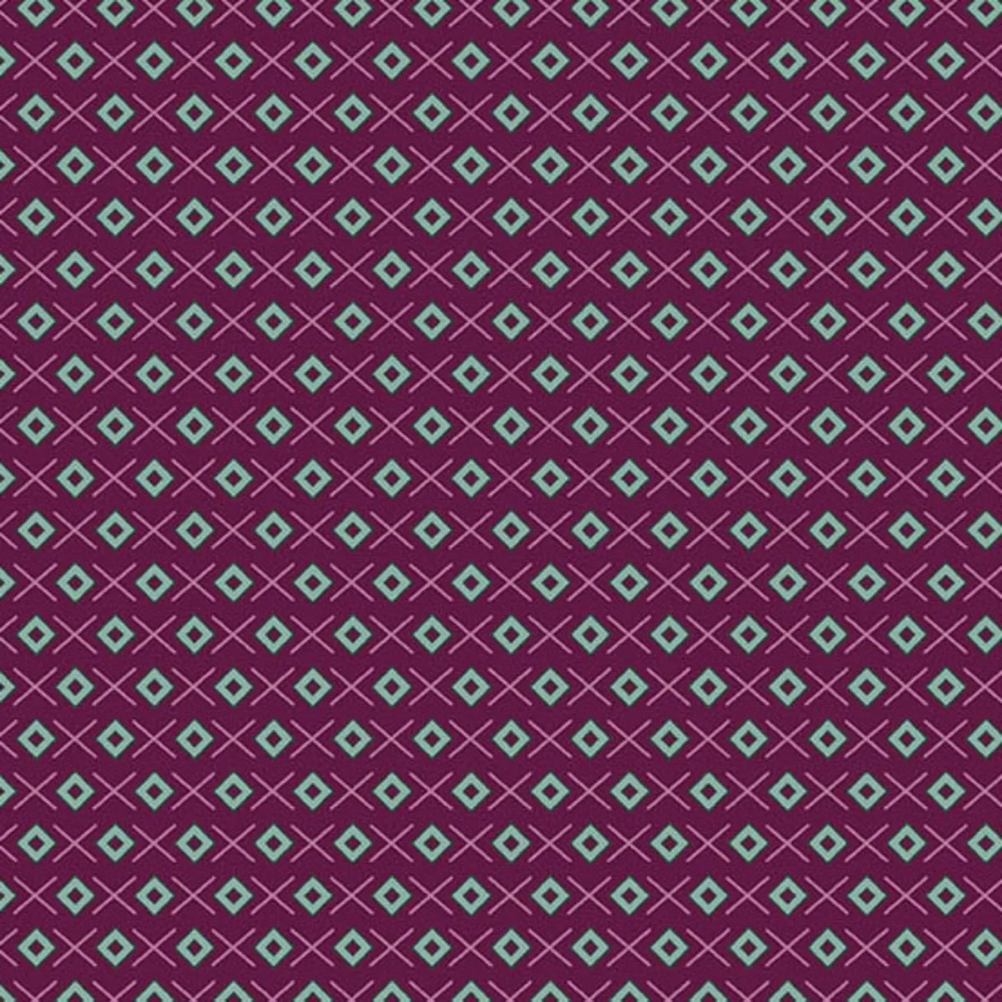 A repeating geometric pattern featuring light teal diamonds on a rich mulberry background, accented by thin rose crosses.
