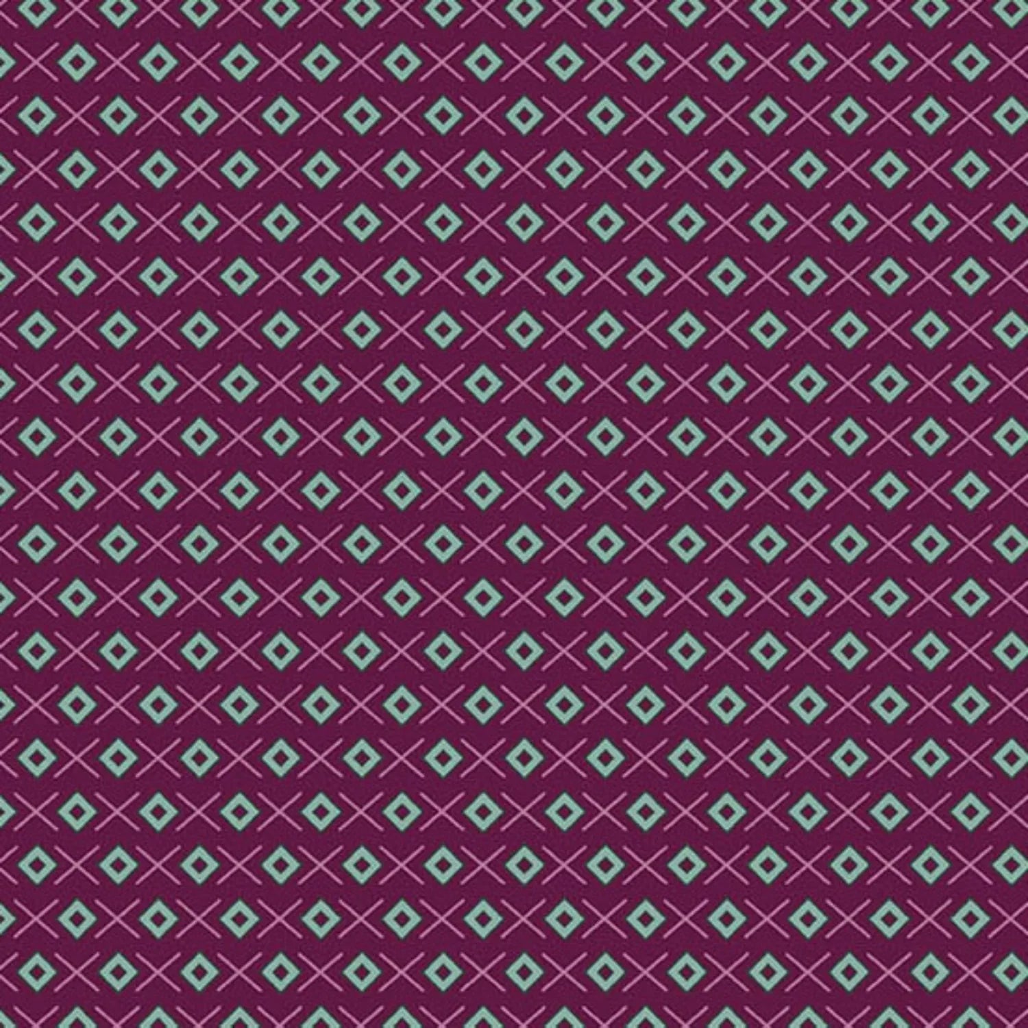 A repeating geometric pattern featuring light teal diamonds on a rich mulberry background, accented by thin rose crosses.