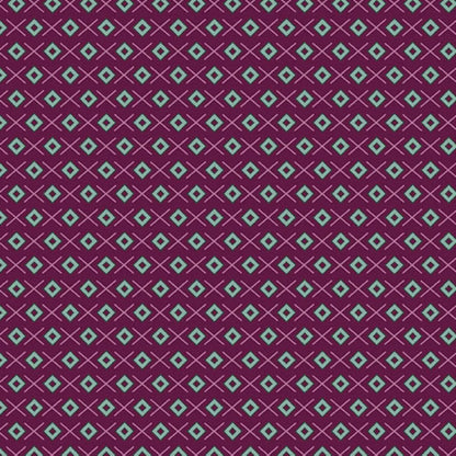 A repeating geometric pattern featuring light teal diamonds on a rich mulberry background, accented by thin rose crosses.