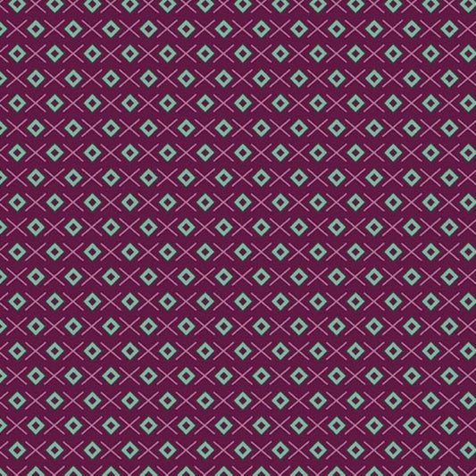 A repeating geometric pattern featuring light teal diamonds on a rich mulberry background, accented by thin rose crosses.