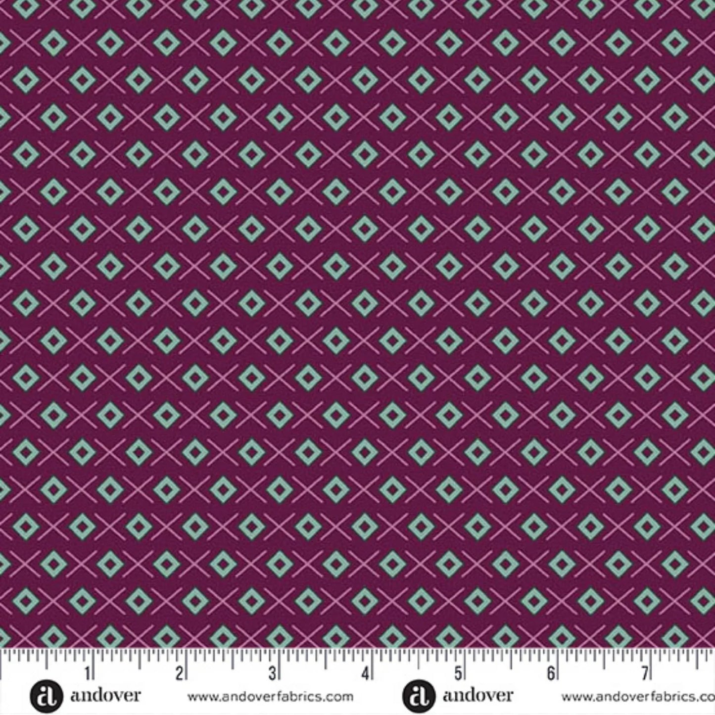 A repeating geometric pattern featuring light teal diamonds on a rich mulberry background, accented by thin rose crosses. Ruler at the bottom for scale.