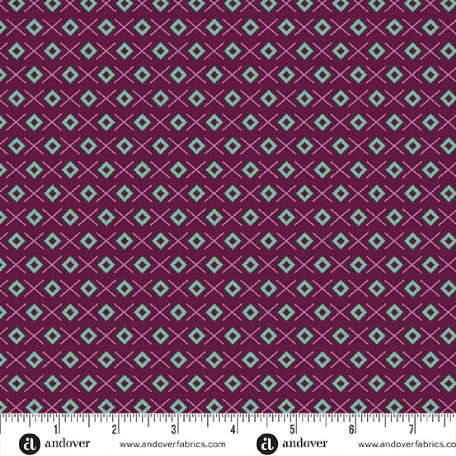 A repeating geometric pattern featuring light teal diamonds on a rich mulberry background, accented by thin rose crosses. Ruler at the bottom for scale.