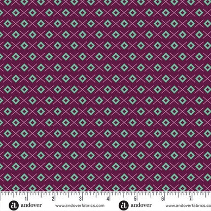 A repeating geometric pattern featuring light teal diamonds on a rich mulberry background, accented by thin rose crosses. Ruler at the bottom for scale.