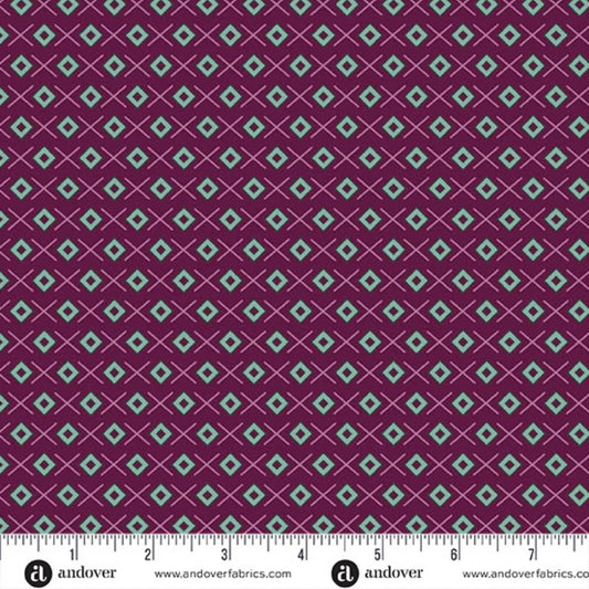 A repeating geometric pattern featuring light teal diamonds on a rich mulberry background, accented by thin rose crosses. Ruler at the bottom for scale.