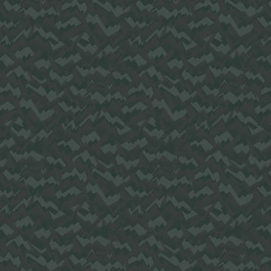 An abstract, fragmented and jagged pattern in layered tones of deep, nearly black forest green.