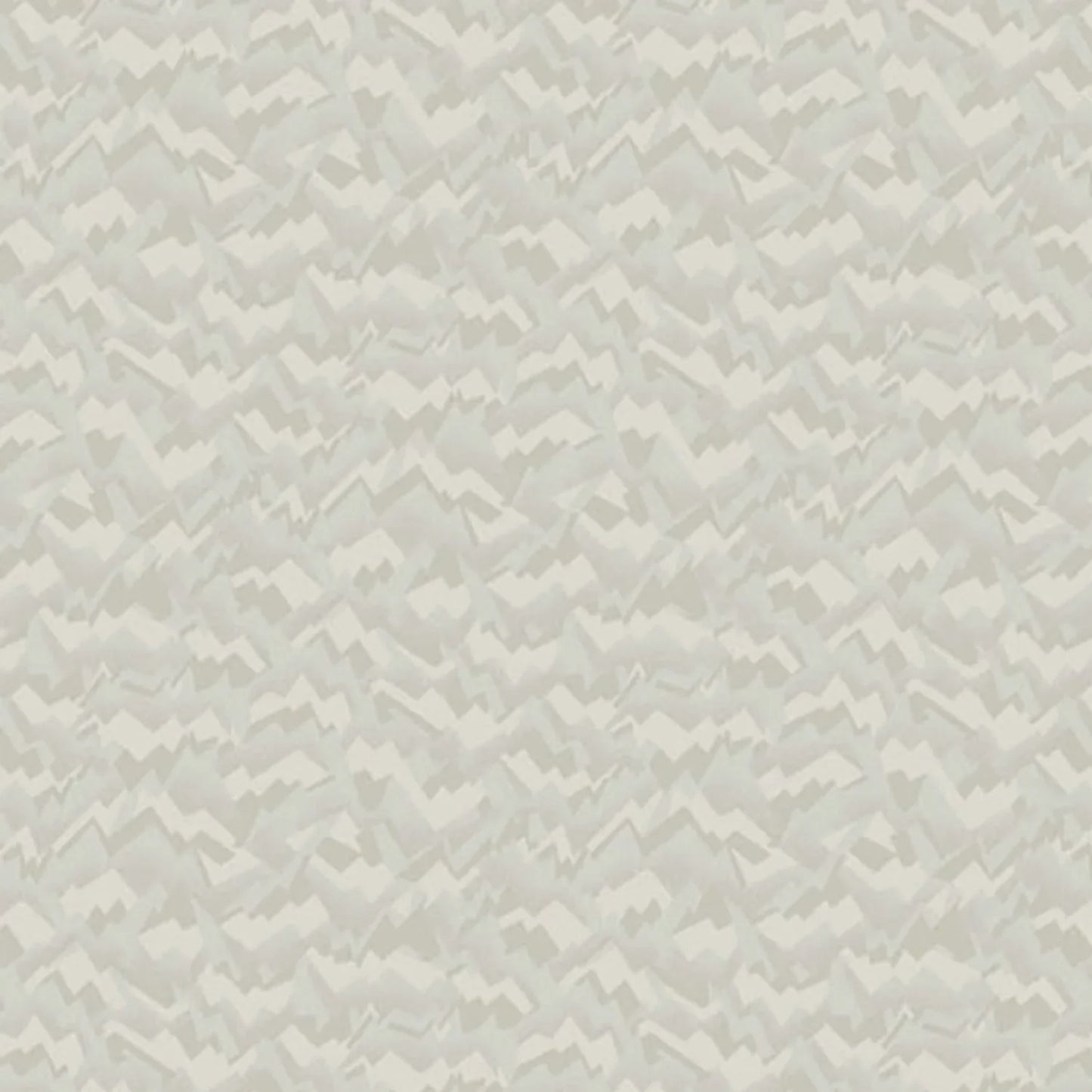 A fabric swatch featuring an abstract, fragmented and jagged texture in layered shades of soft birch grey, smoky taupe, and warm cream.