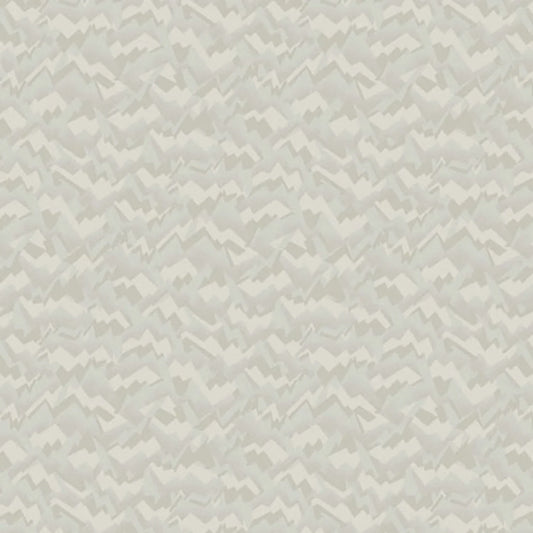 A fabric swatch featuring an abstract, fragmented and jagged texture in layered shades of soft birch grey, smoky taupe, and warm cream.
