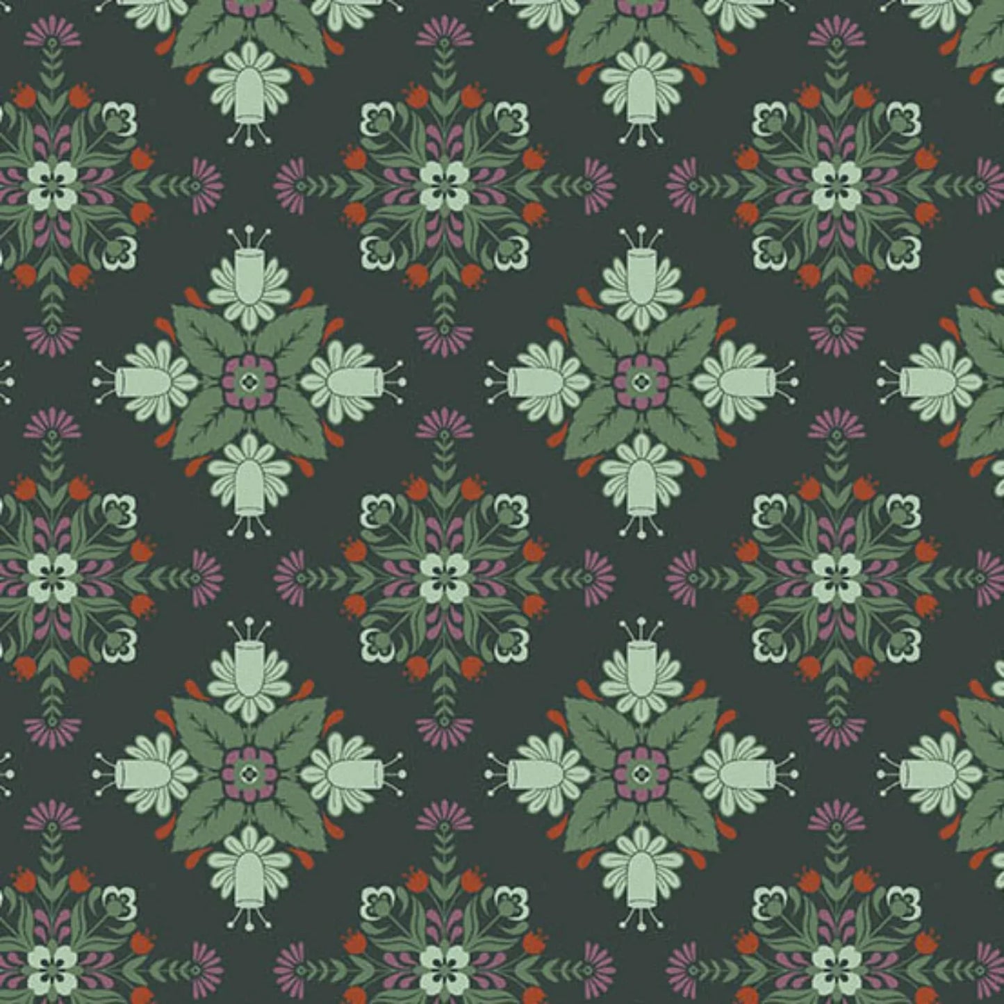 A bold, symmetrical folk art medallion design featuring intricate floral and leaf motifs in soft sage, purple, red, and cream on a deep forest green background.