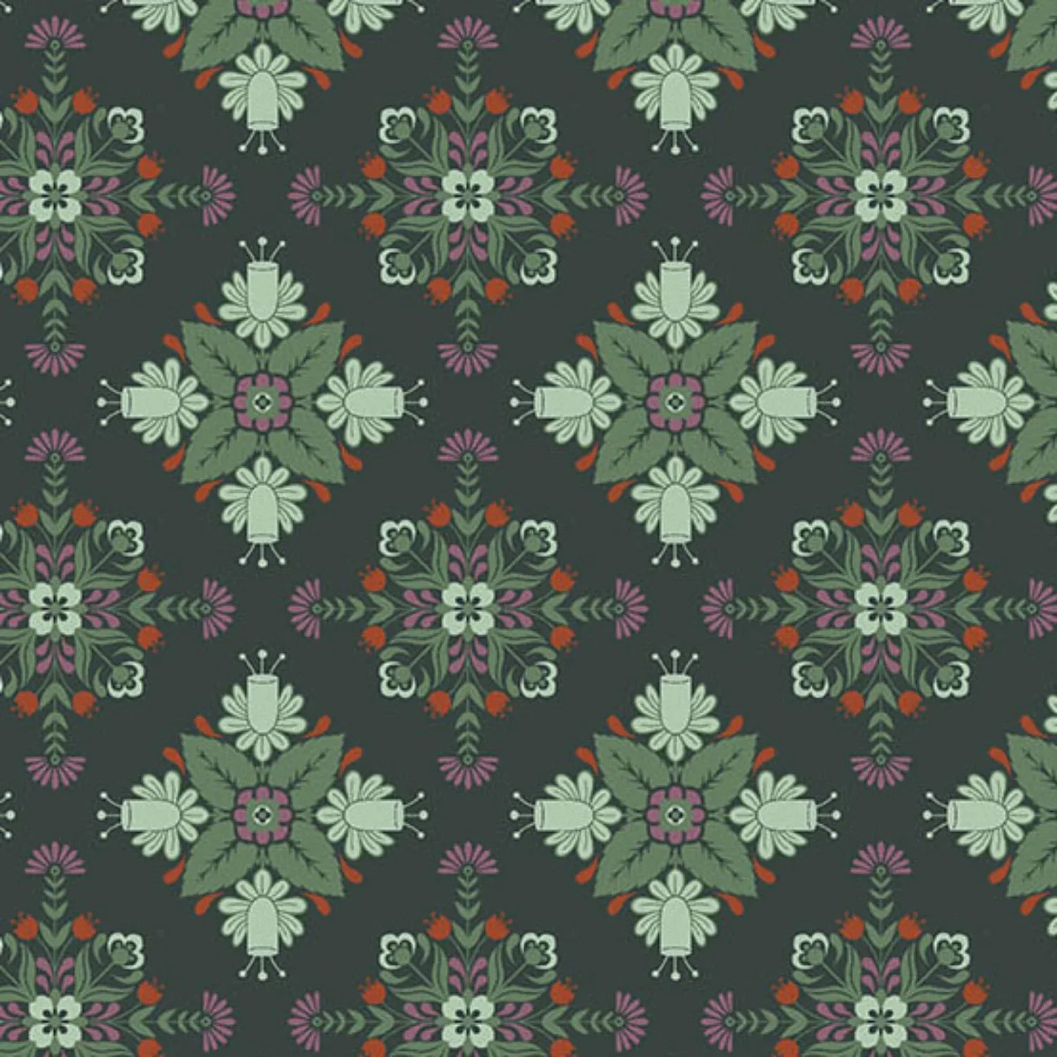 A bold, symmetrical folk art medallion design featuring intricate floral and leaf motifs in soft sage, purple, red, and cream on a deep forest green background.