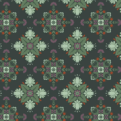 A bold, symmetrical folk art medallion design featuring intricate floral and leaf motifs in soft sage, purple, red, and cream on a deep forest green background.