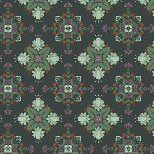 A bold, symmetrical folk art medallion design featuring intricate floral and leaf motifs in soft sage, purple, red, and cream on a deep forest green background.