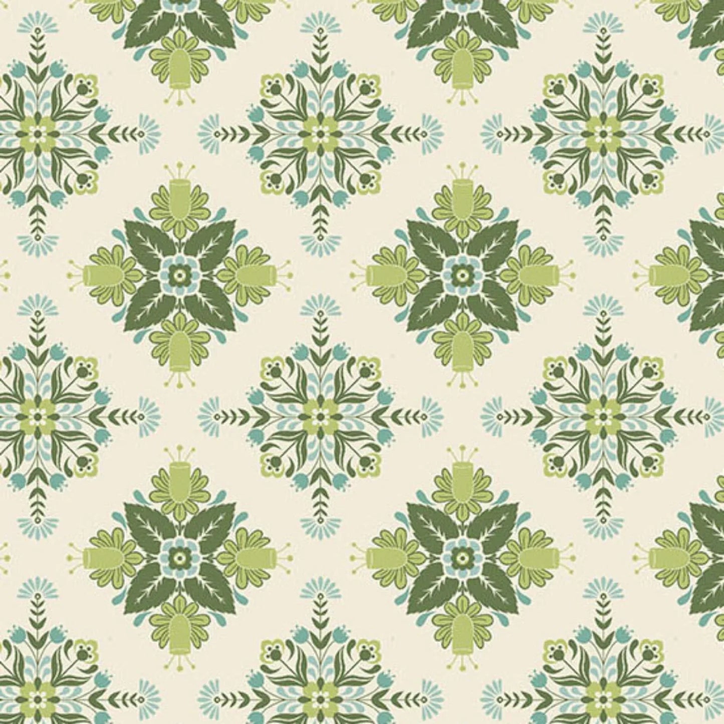 A bold, symmetrical folk art medallion design featuring intricate floral and leaf motifs in soft sage, teal, and dark green on a warm cream background.