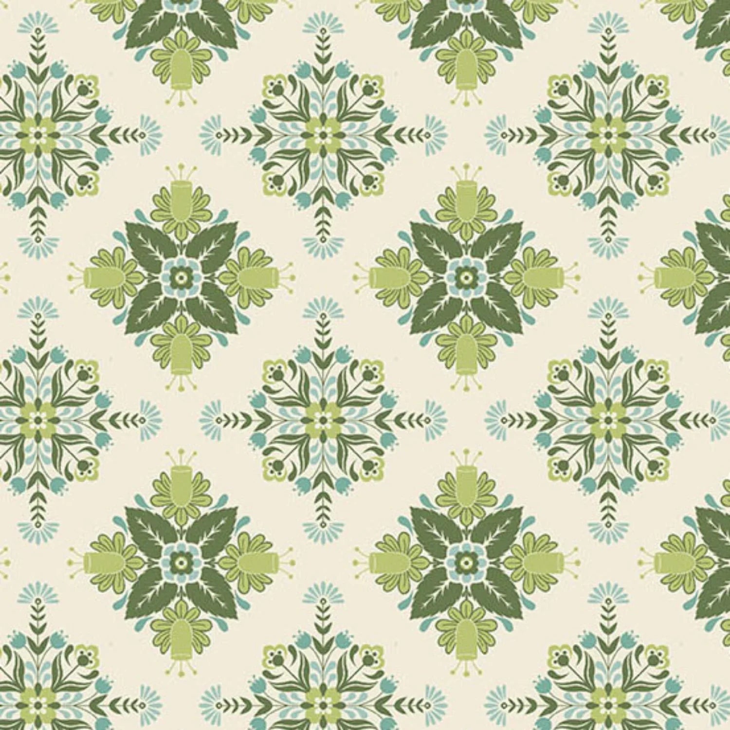 A bold, symmetrical folk art medallion design featuring intricate floral and leaf motifs in soft sage, teal, and dark green on a warm cream background.
