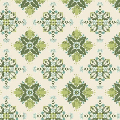 A bold, symmetrical folk art medallion design featuring intricate floral and leaf motifs in soft sage, teal, and dark green on a warm cream background.