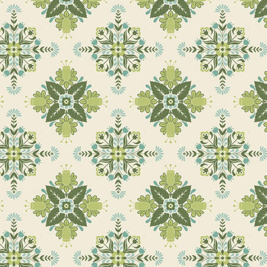 A bold, symmetrical folk art medallion design featuring intricate floral and leaf motifs in soft sage, teal, and dark green on a warm cream background.
