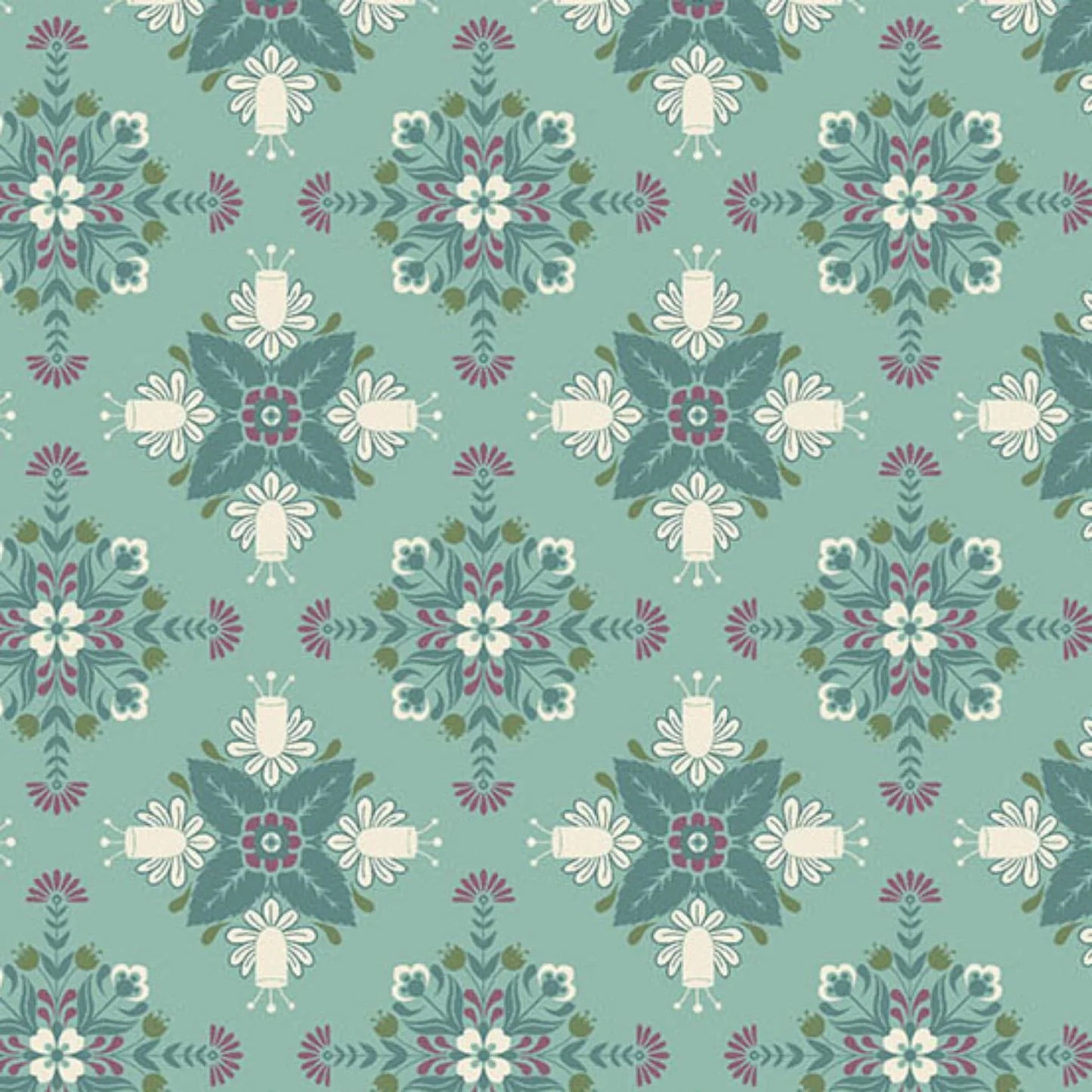A bold, symmetrical folk art medallion design featuring intricate floral and leaf motifs in dark teal, purple, olive, and cream on a soft teal-blue background.