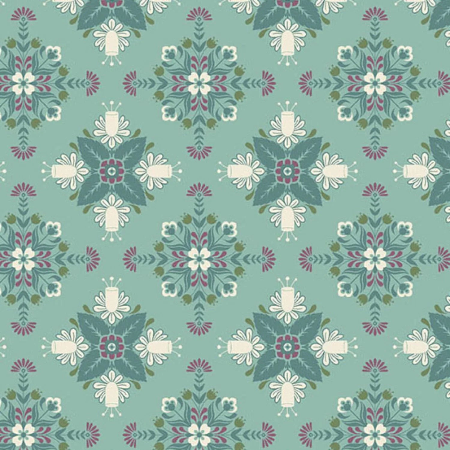 A bold, symmetrical folk art medallion design featuring intricate floral and leaf motifs in dark teal, purple, olive, and cream on a soft teal-blue background.
