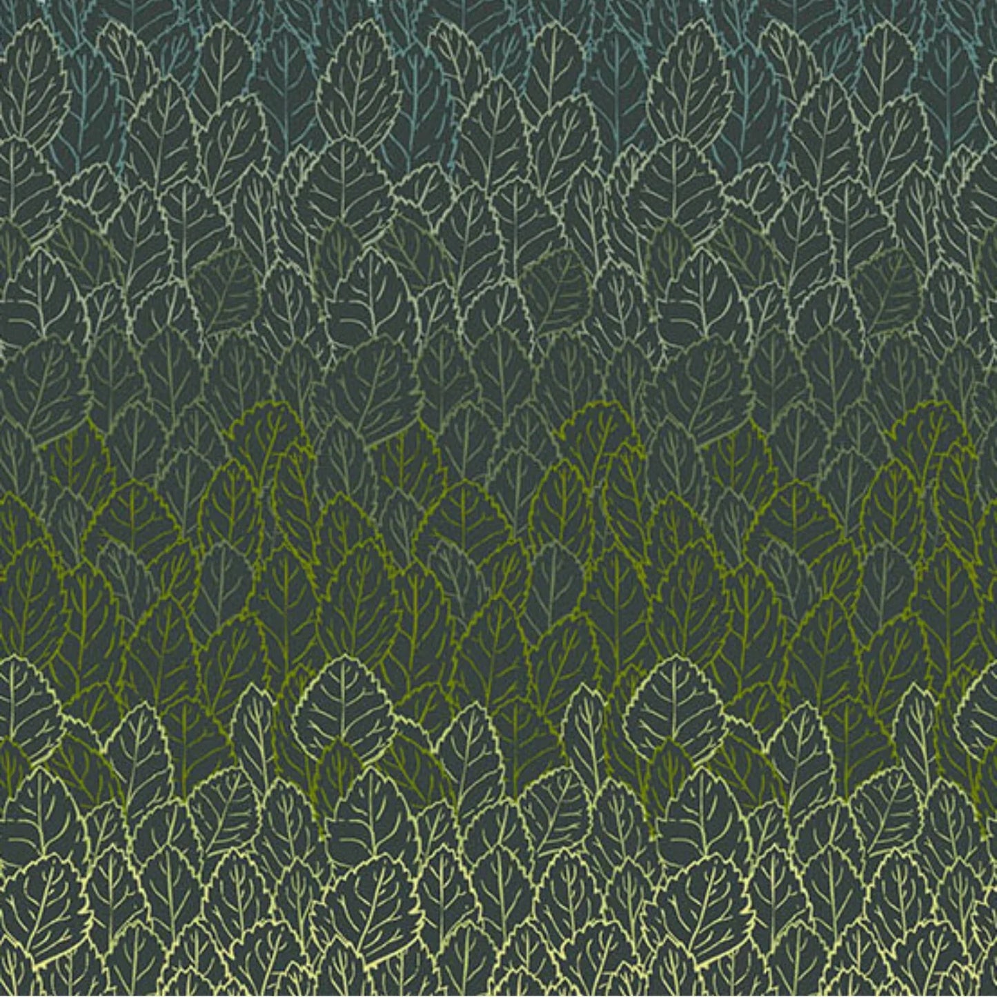 A densely packed, layered leaf pattern, shading from dark evergreen into a warm, golden chartreuse on a deep forest-green background.