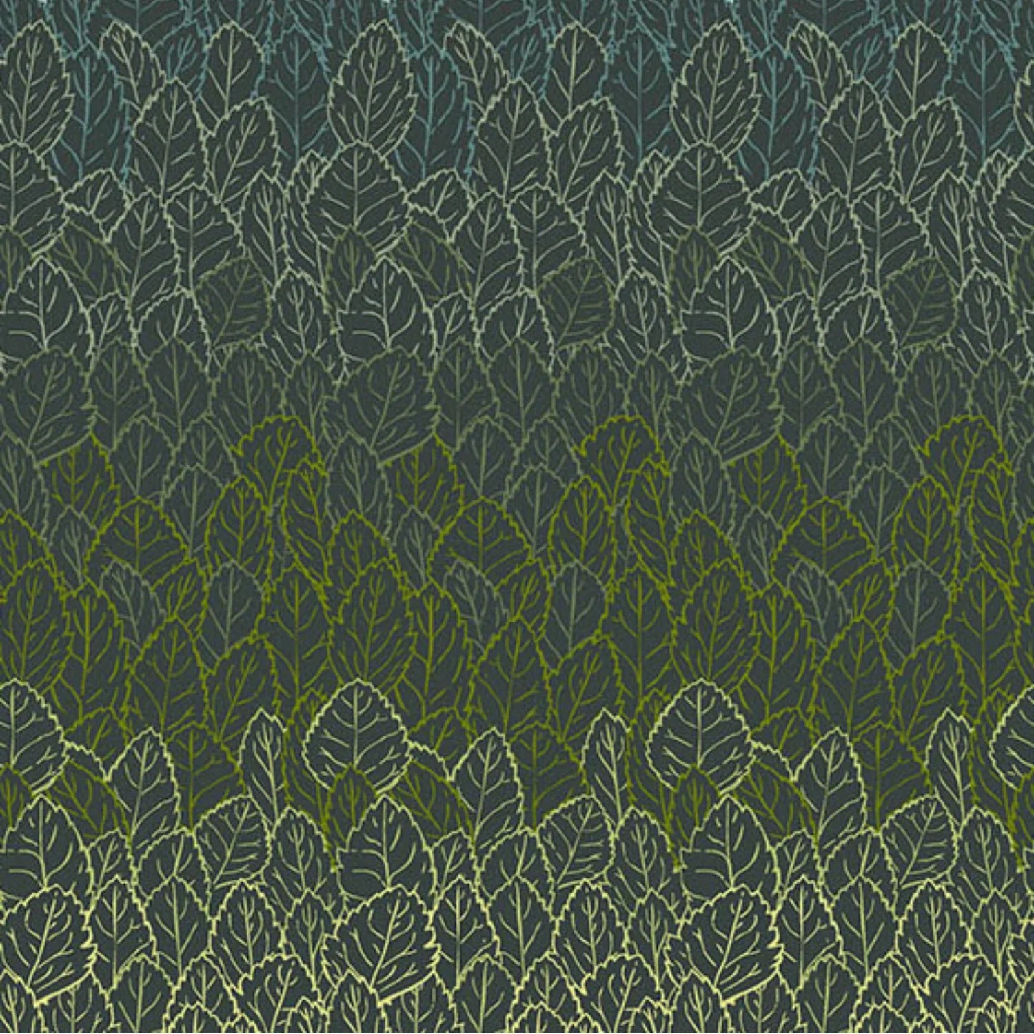 A densely packed, layered leaf pattern, shading from dark evergreen into a warm, golden chartreuse on a deep forest-green background.