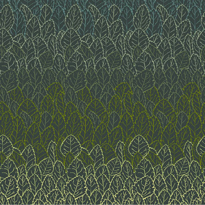 A densely packed, layered leaf pattern, shading from dark evergreen into a warm, golden chartreuse on a deep forest-green background.