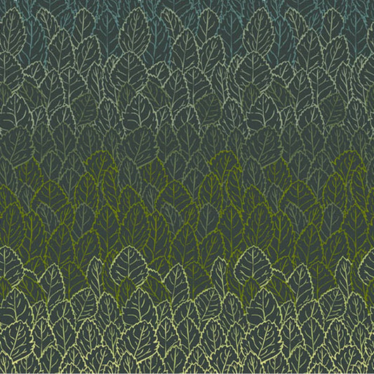 A densely packed, layered leaf pattern, shading from dark evergreen into a warm, golden chartreuse on a deep forest-green background.