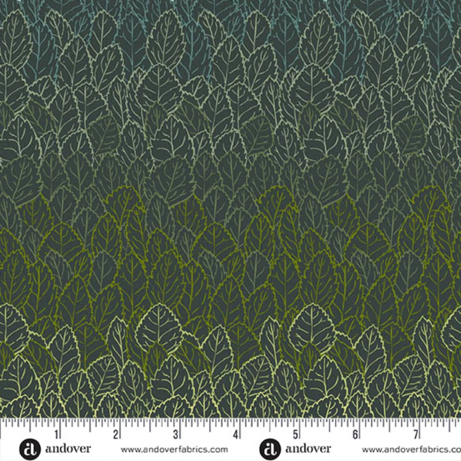 A densely packed, layered leaf pattern, shading from dark evergreen into a warm, golden chartreuse on a deep forest-green background. Ruler at the bottom for scale.