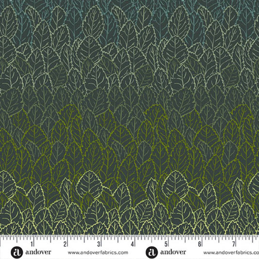 A densely packed, layered leaf pattern, shading from dark evergreen into a warm, golden chartreuse on a deep forest-green background. Ruler at the bottom for scale.