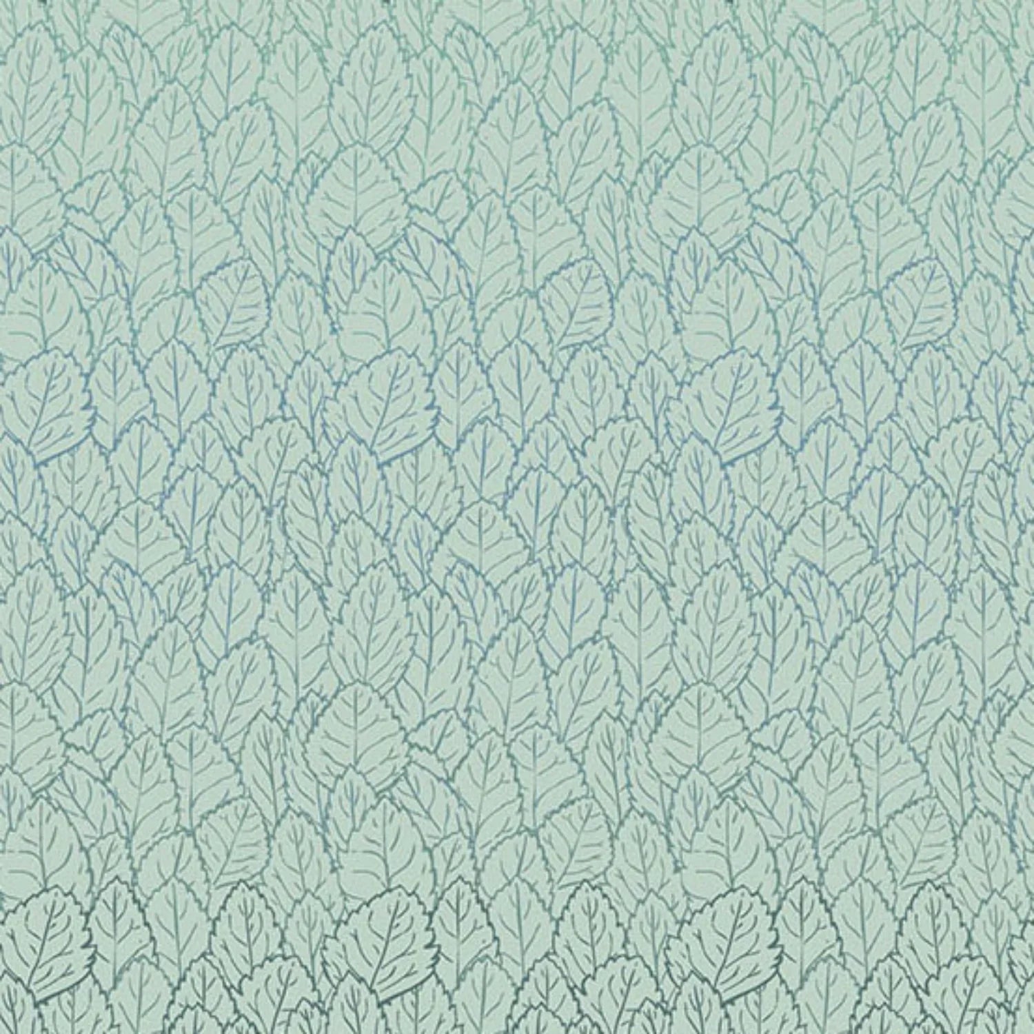 A repeating pattern of densely packed, layered leaves, shading from dark teal into a bright, cool blue on a pale, ice-blue background.