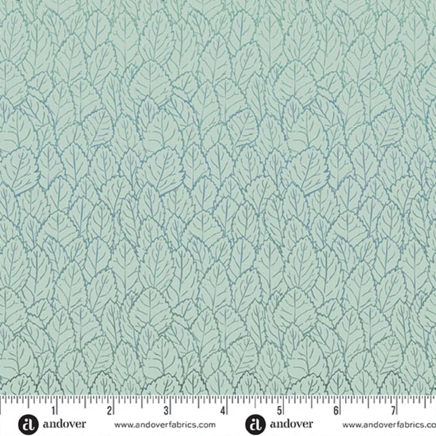 A repeating pattern of densely packed, layered leaves, shading from dark teal into a bright, cool blue on a pale, ice-blue background. Ruler at the bottom for scale.