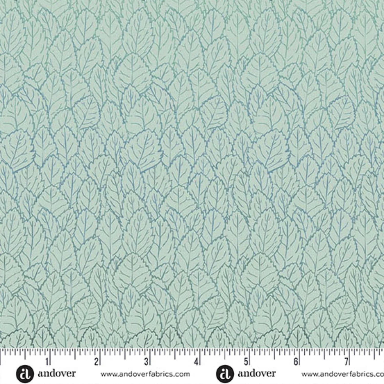 A repeating pattern of densely packed, layered leaves, shading from dark teal into a bright, cool blue on a pale, ice-blue background. Ruler at the bottom for scale.