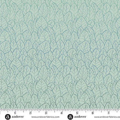 A repeating pattern of densely packed, layered leaves, shading from dark teal into a bright, cool blue on a pale, ice-blue background. Ruler at the bottom for scale.