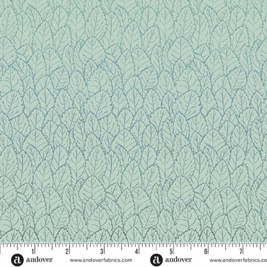 A repeating pattern of densely packed, layered leaves, shading from dark teal into a bright, cool blue on a pale, ice-blue background. Ruler at the bottom for scale.