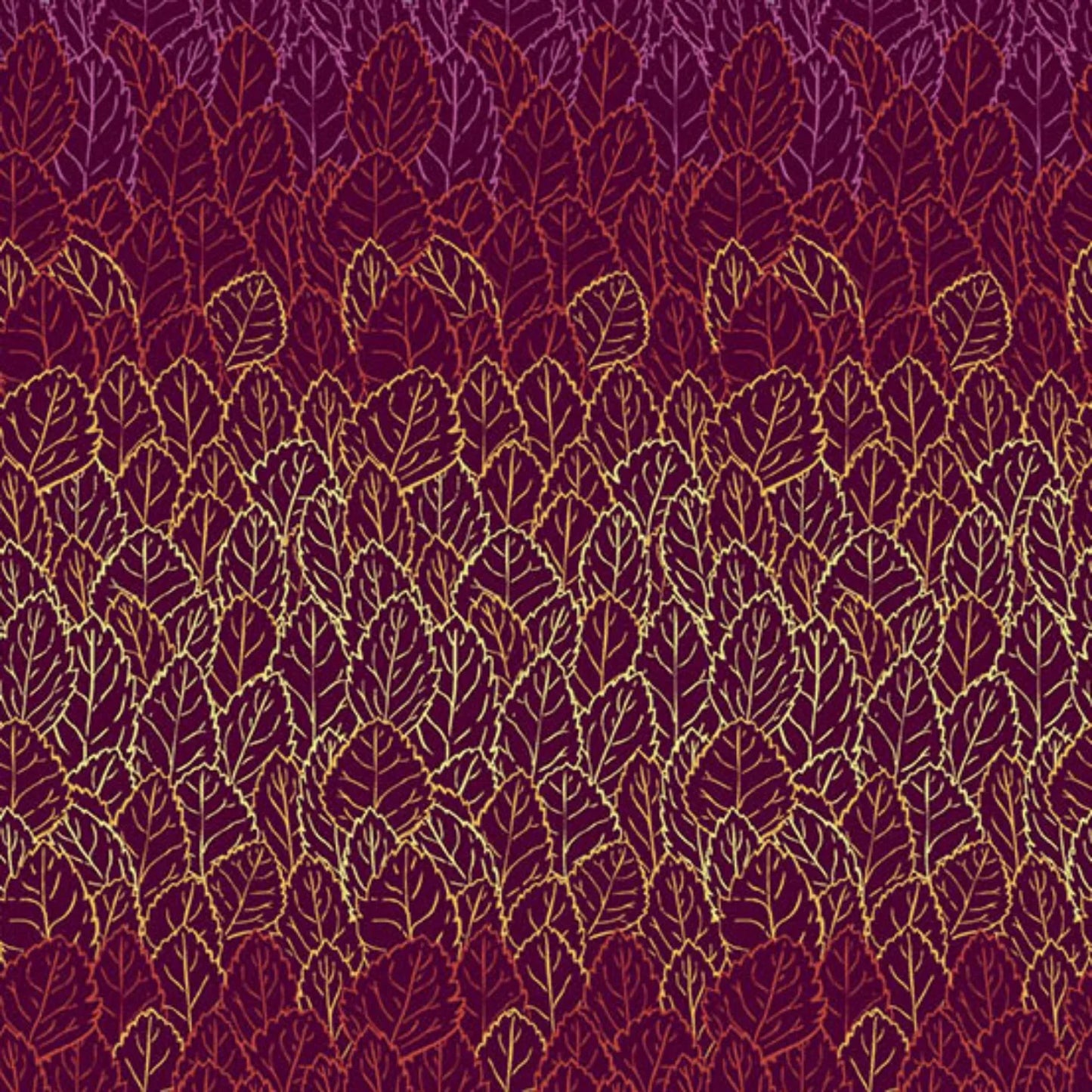 A repeating pattern of overlapping leaves, shading from pale amber-gold into warm mulberry purple on a rich, burgundy red background.