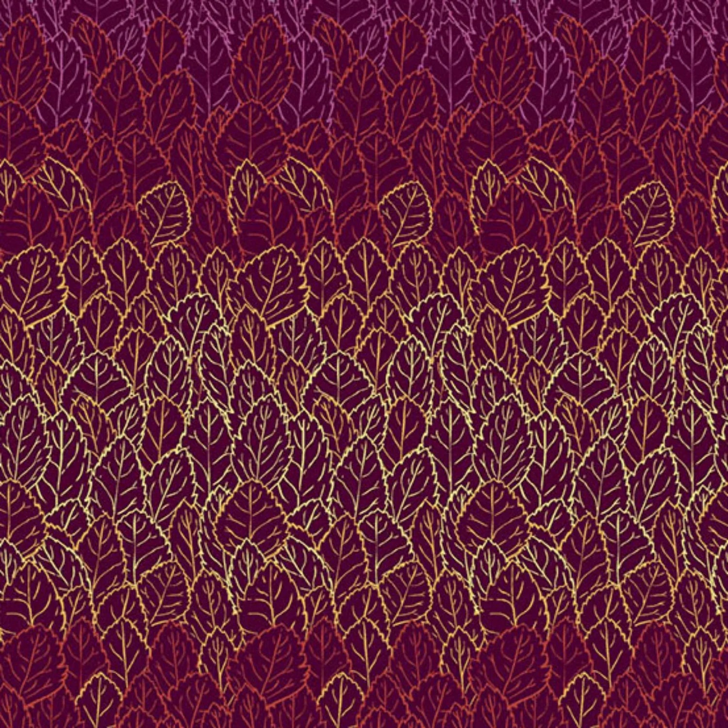 A repeating pattern of overlapping leaves, shading from pale amber-gold into warm mulberry purple on a rich, burgundy red background.