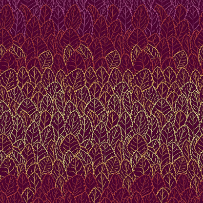 A repeating pattern of overlapping leaves, shading from pale amber-gold into warm mulberry purple on a rich, burgundy red background.