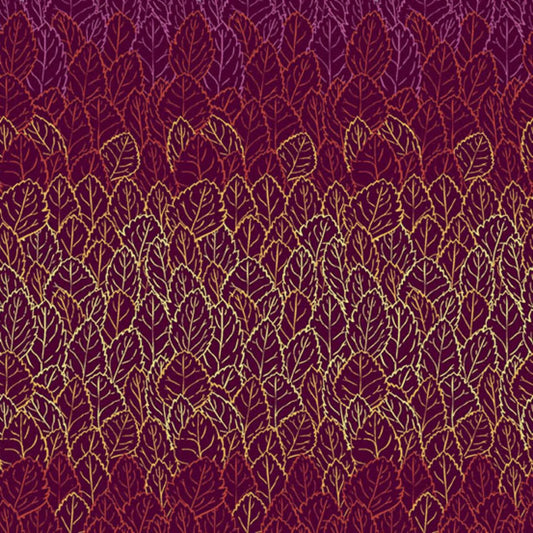 A repeating pattern of overlapping leaves, shading from pale amber-gold into warm mulberry purple on a rich, burgundy red background.